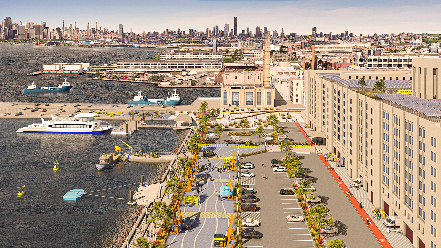 Aerial rendering of Climate Innovation Hub at Brooklyn Army Terminal showing a waterfront area with boats docked, a parking lot, buildings, and a distant NYC skyline in the background.