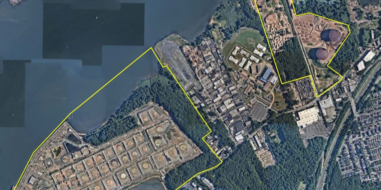 From left, the proposed grounds of the Staten Island Marine Terminal and the site containing the LNG oil tanks in Rossville.
