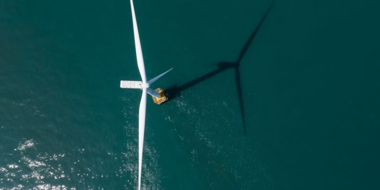 A wind turbine in the East China Sea off the coast of South Korea.