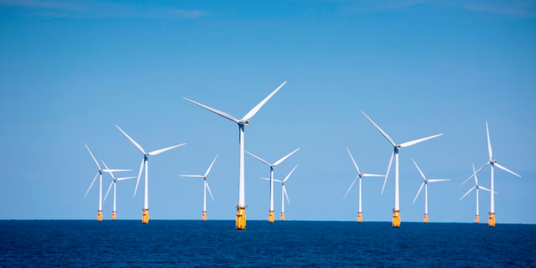 Wind turbines at London Array offshore wind park, North Sea, near England, United Kingdom.