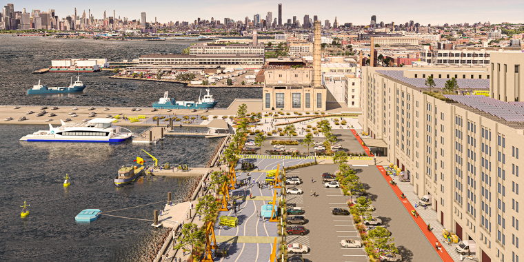 Aerial rendering of Climate Innovation Hub at Brooklyn Army Terminal showing a waterfront area with boats docked, a parking lot, buildings, and a distant NYC skyline in the background.